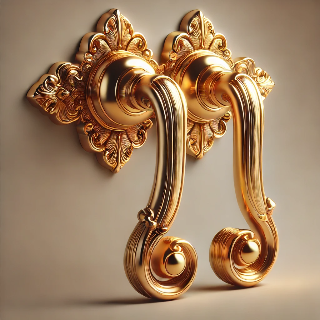 dall·e 2024 11 21 18.14.34 create an ultra realistic image of golden door handles showcasing an elegant and luxurious design. the handles should have a shiny gold finish refle